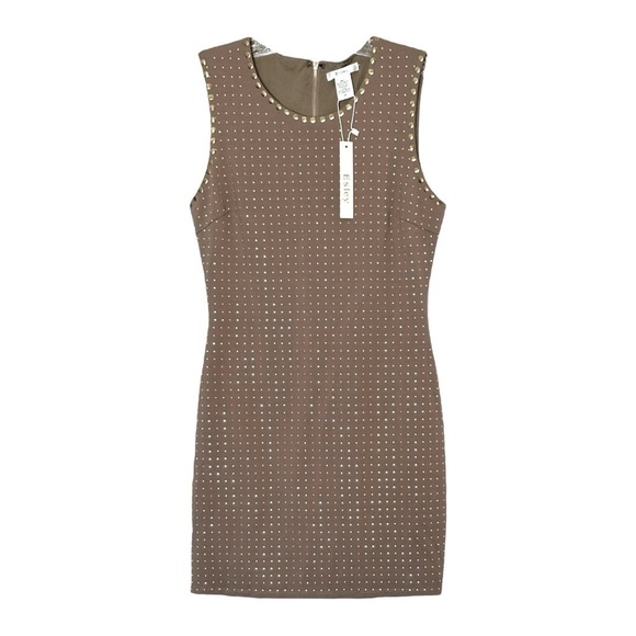 Esley Mini Bodycon Dress Size M NWT Taupe Gold Studded Sleeveless Party Rocker - Picture 1 of 8